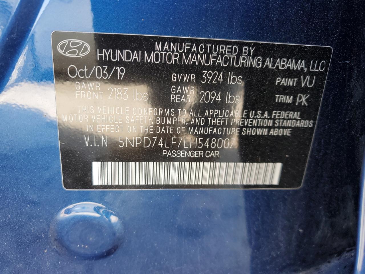 5NPD74LF7LH548007 2020 Hyundai Elantra Se