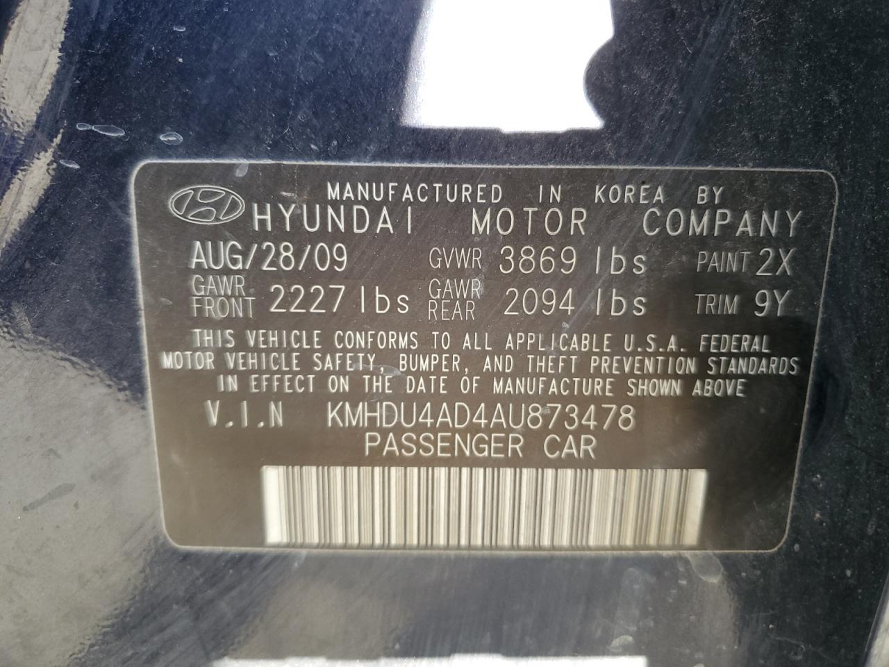 KMHDU4AD4AU873478 2010 Hyundai Elantra Blue