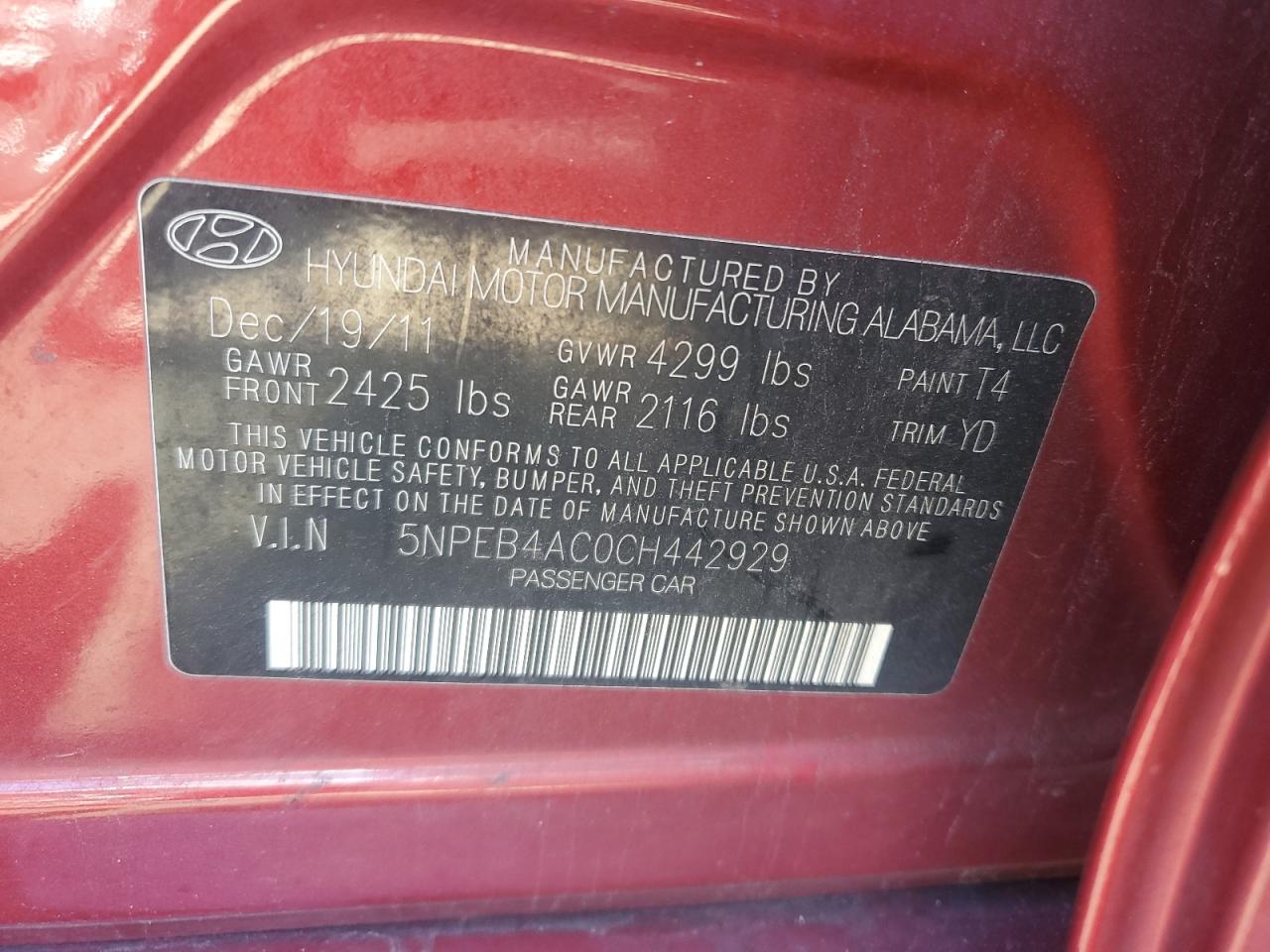 5NPEB4AC0CH442929 2012 Hyundai Sonata Gls