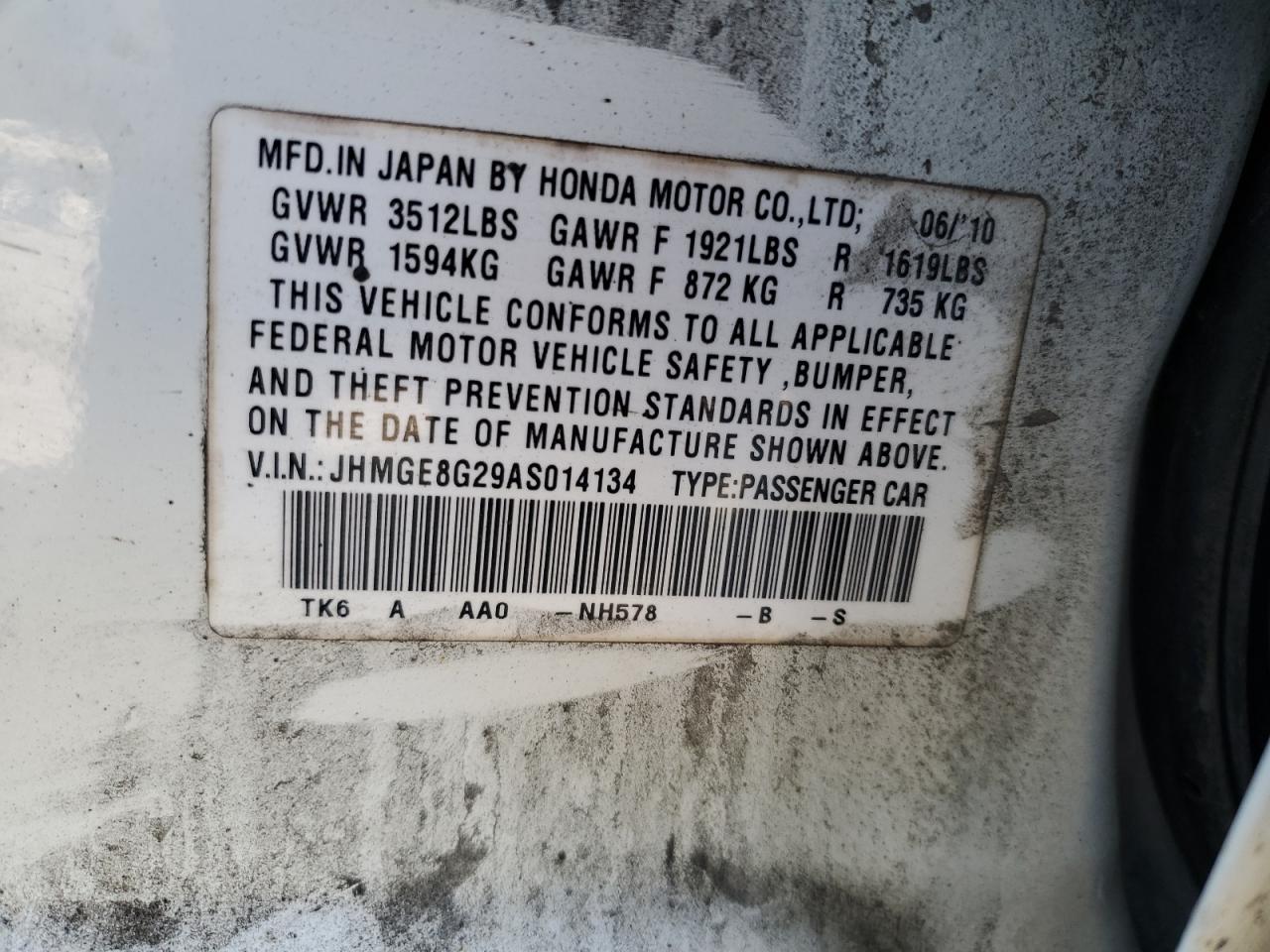 JHMGE8G29AS014134 2010 Honda Fit