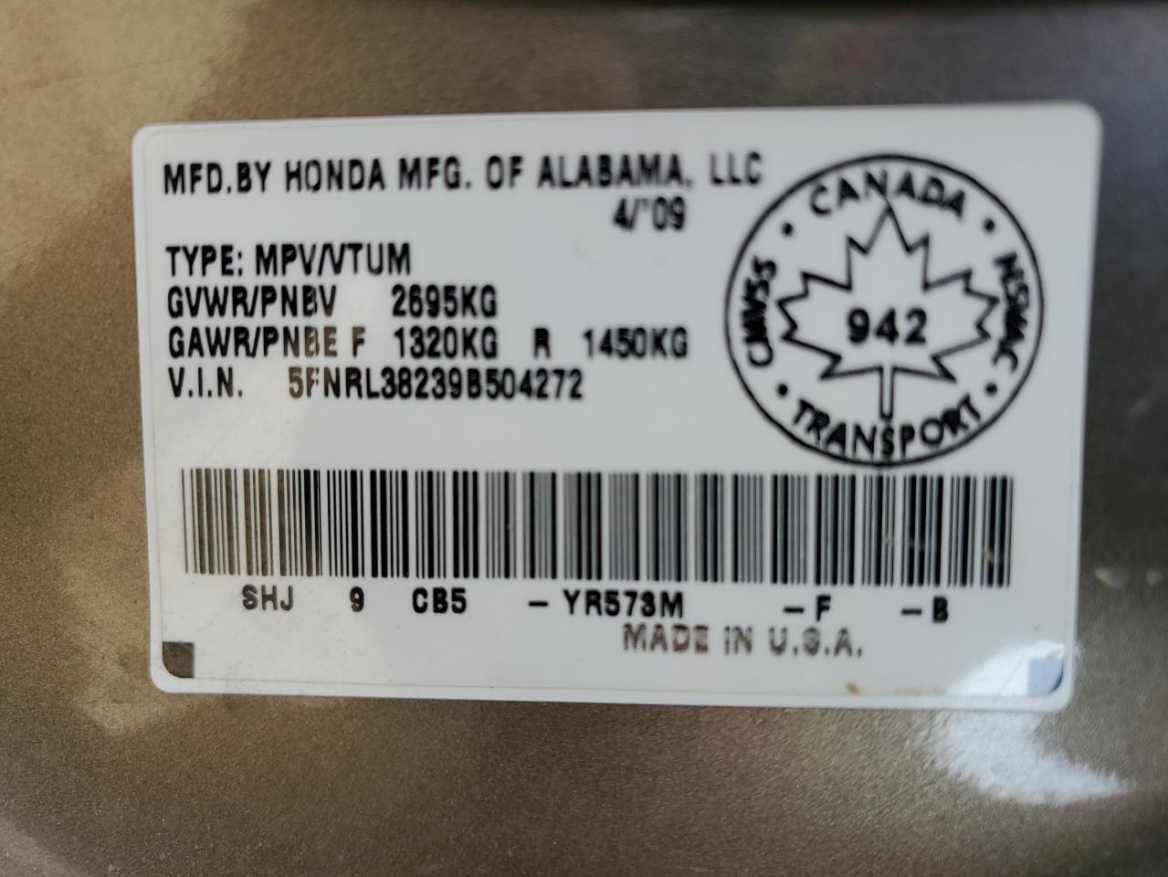 5FNRL38239B504272 2009 Honda Odyssey Lx