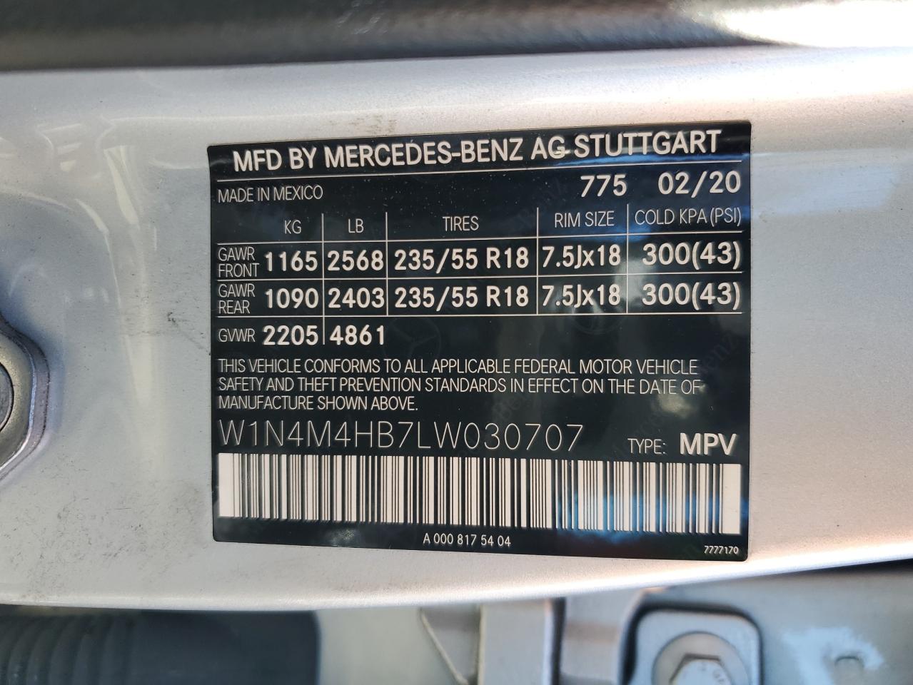 2020 Mercedes-Benz Glb 250 4Matic VIN: W1N4M4HB7LW030707 Lot: 76677674