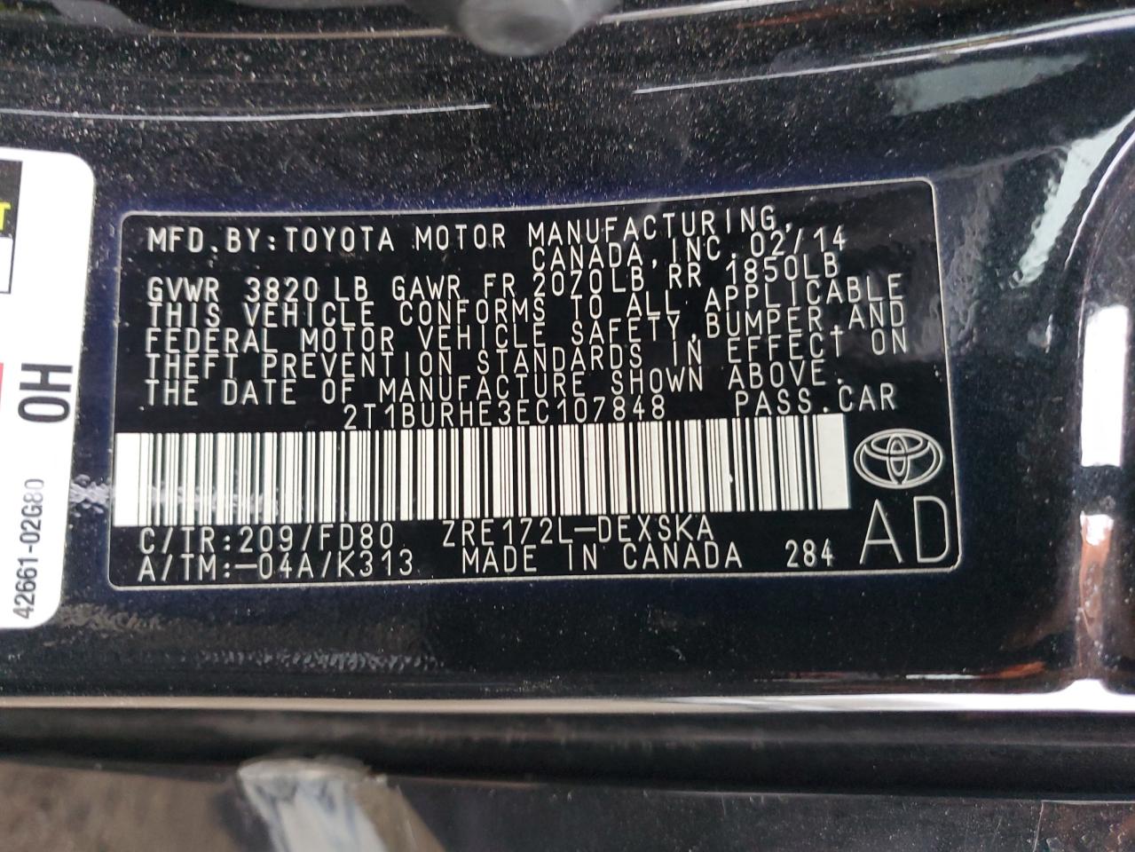 2014 Toyota Corolla L VIN: 2T1BURHE3EC107848 Lot: 78345794