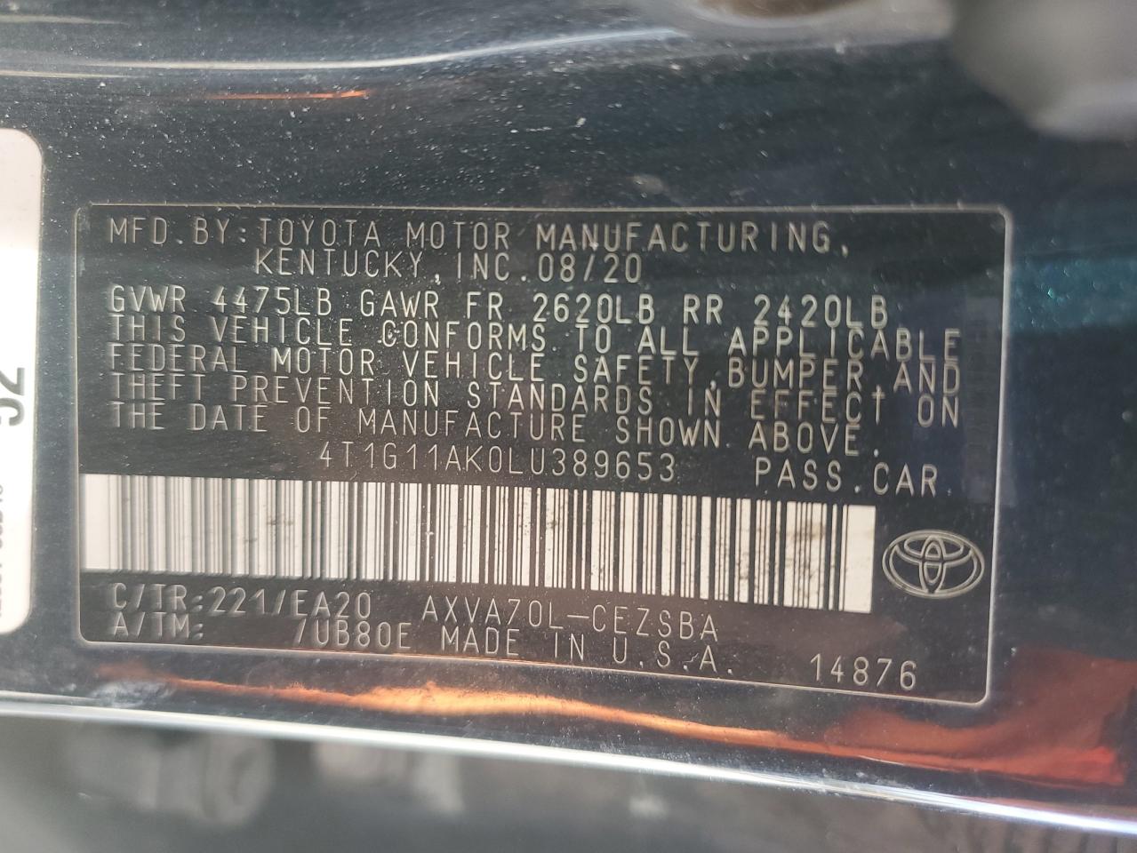 2020 Toyota Camry Se VIN: 4T1G11AK0LU389653 Lot: 78374294