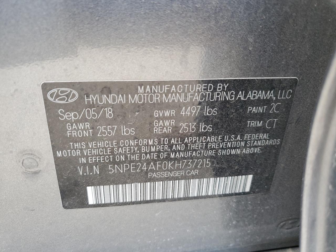 2019 Hyundai Sonata Se VIN: 5NPE24AF0KH737215 Lot: 81482694