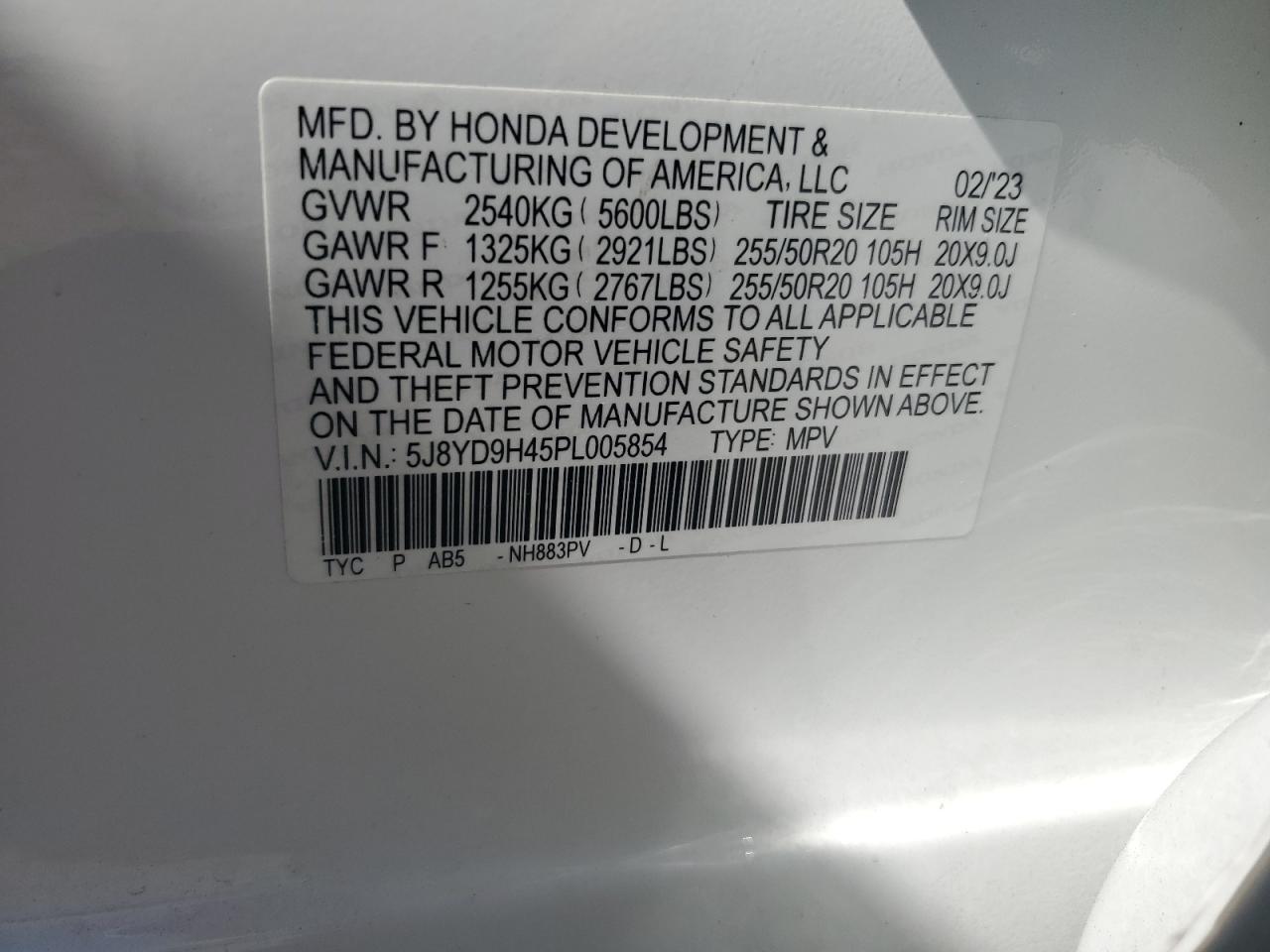 2023 Acura Mdx Technology VIN: 5J8YD9H45PL005854 Lot: 76503564