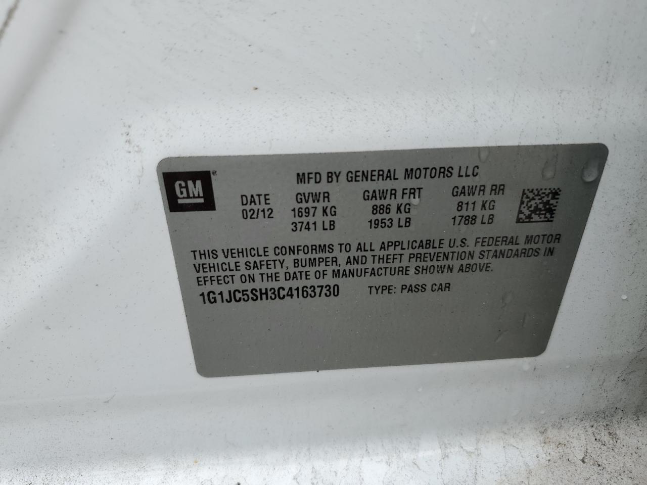 2012 Chevrolet Sonic Lt VIN: 1G1JC5SH3C4163730 Lot: 74898584