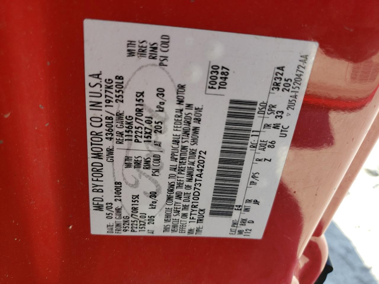 2003 Ford Ranger VIN: 1FTYR10D73TA42072 Lot: 74540204