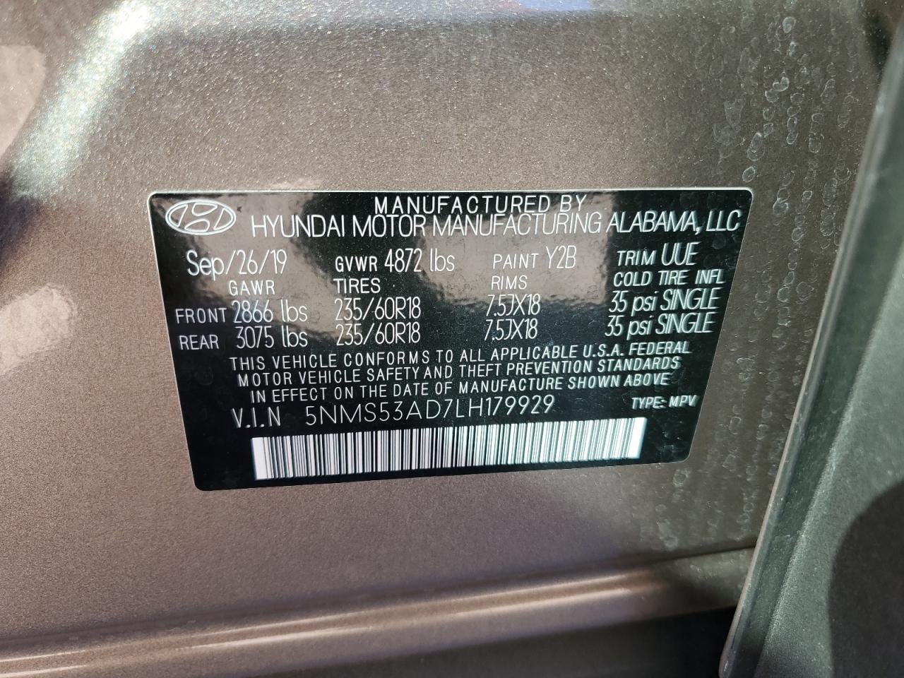 2020 Hyundai Santa Fe Limited VIN: 5NMS53AD7LH179929 Lot: 77402824