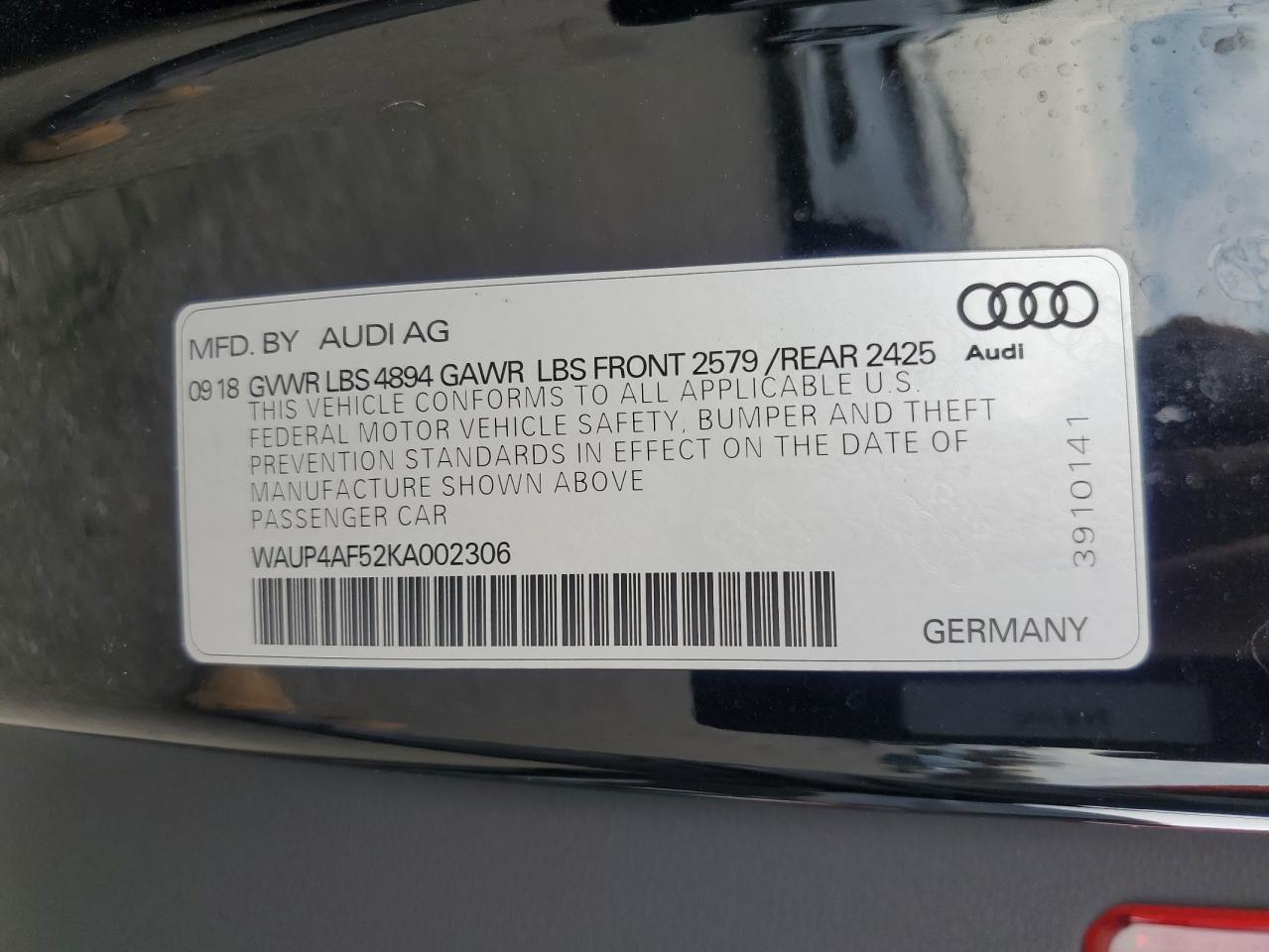 WAUP4AF52KA002306 2019 Audi S5 Premium Plus