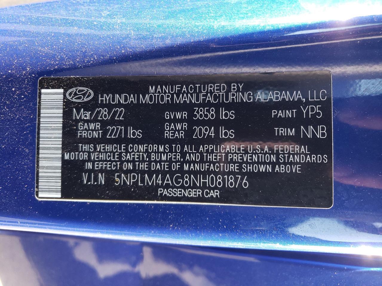 5NPLM4AG8NH081876 2022 Hyundai Elantra Sel