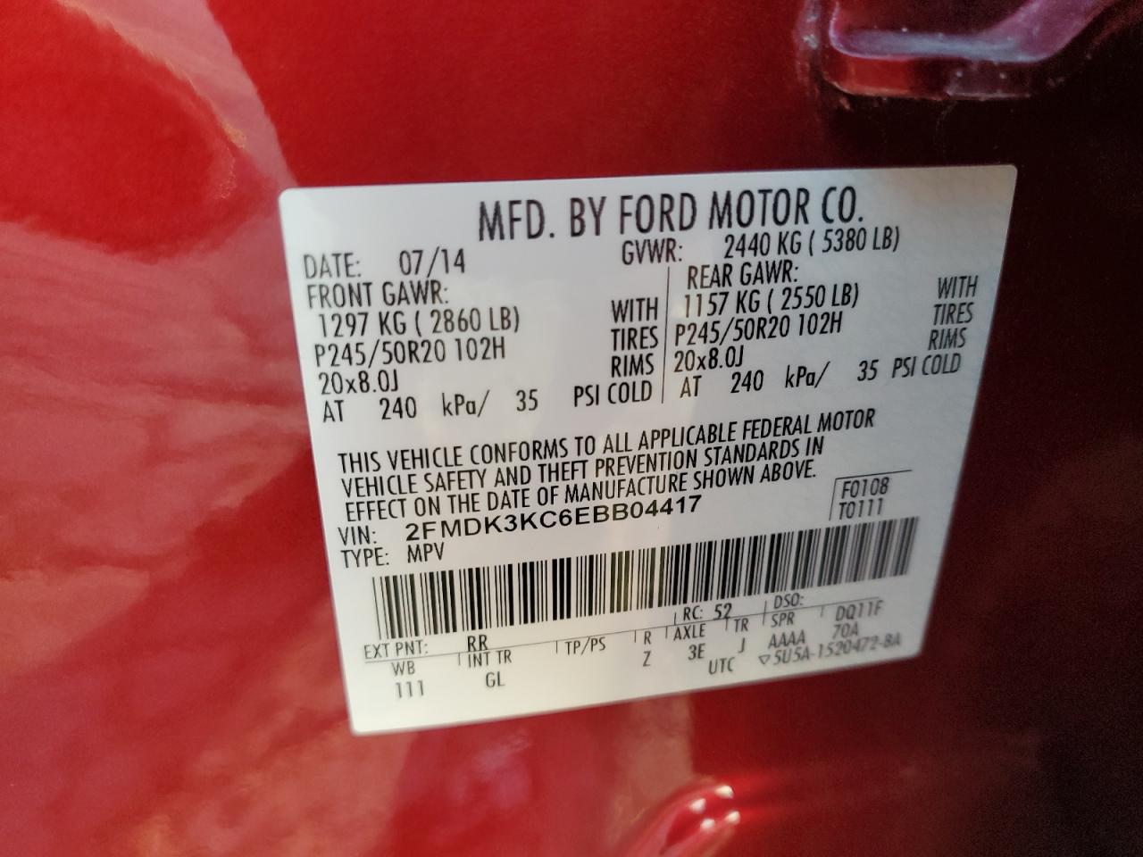 2014 Ford Edge Limited VIN: 2FMDK3KC6EBB04417 Lot: 73785624