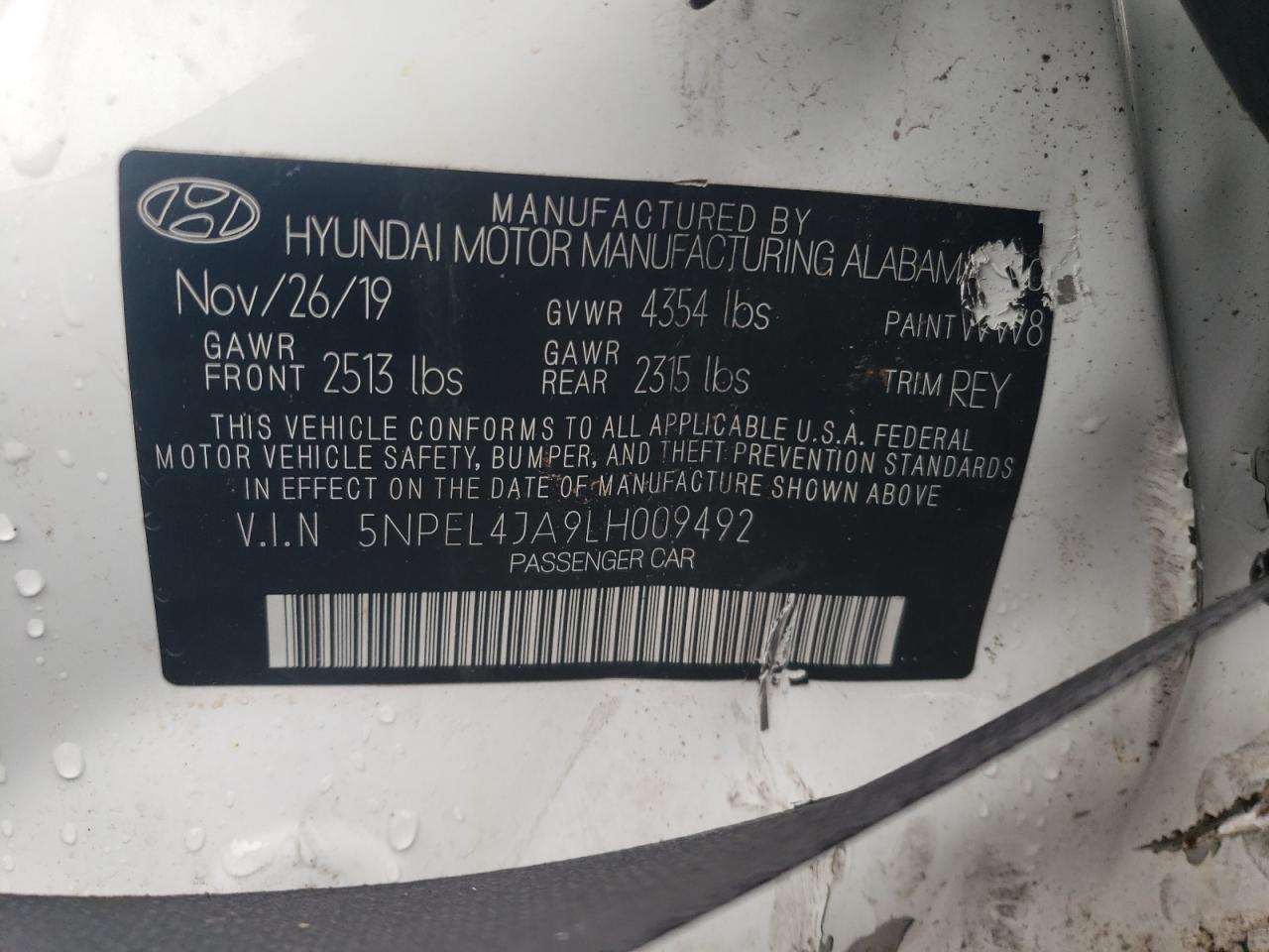 2020 Hyundai Sonata Sel VIN: 5NPEL4JA9LH009492 Lot: 73656354