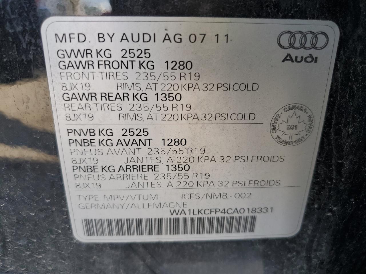 2012 Audi Q5 Premium Plus VIN: WA1LKCFP4CA018331 Lot: 73708494