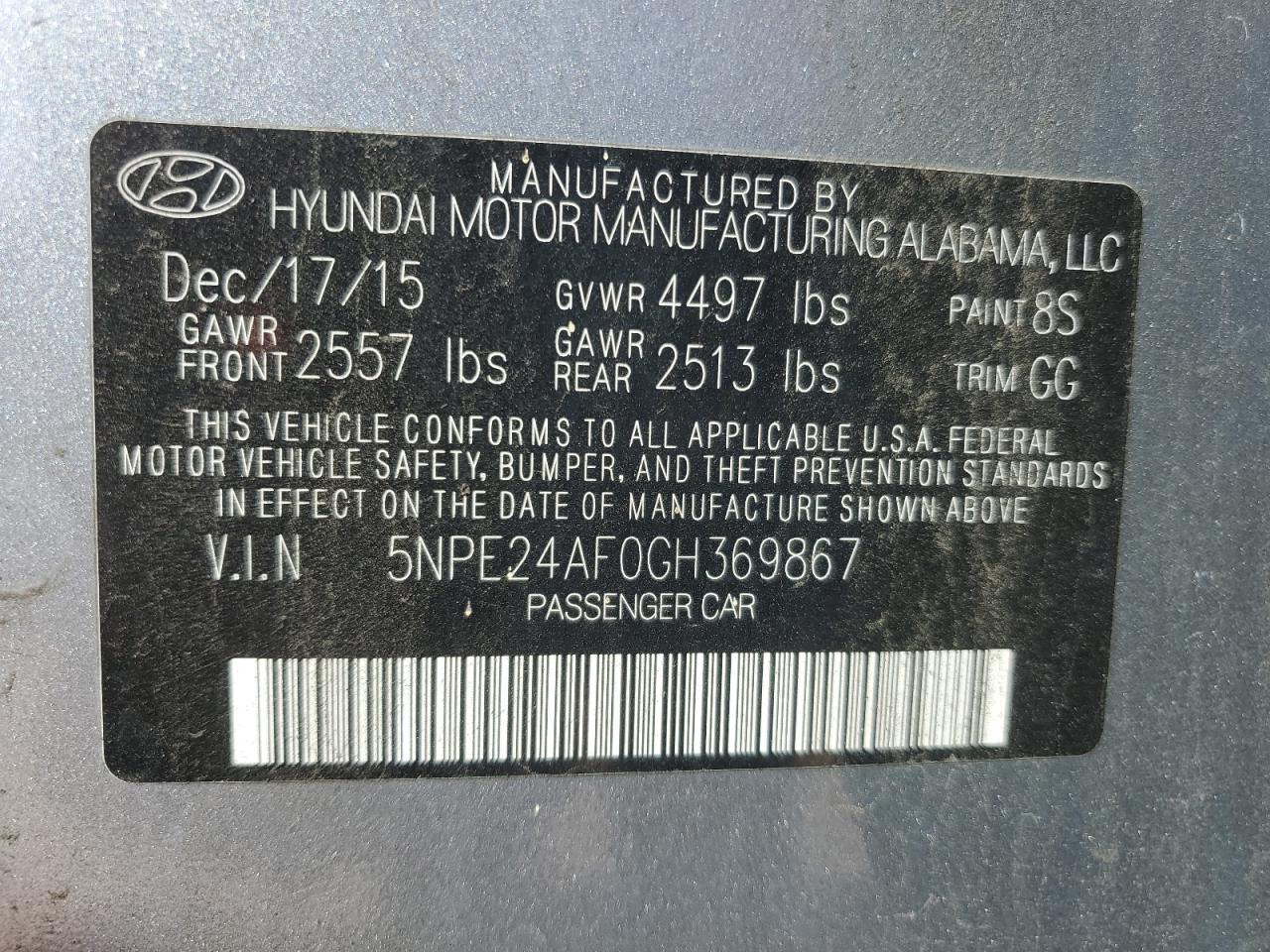 5NPE24AF0GH369867 2016 Hyundai Sonata Se