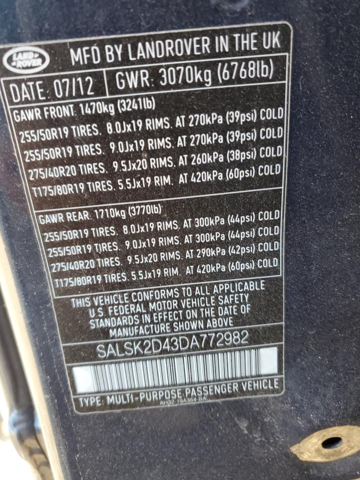 2013 Land Rover Range Rover Sport Hse Luxury VIN: SALSK2D43DA772982 Lot: 73694844