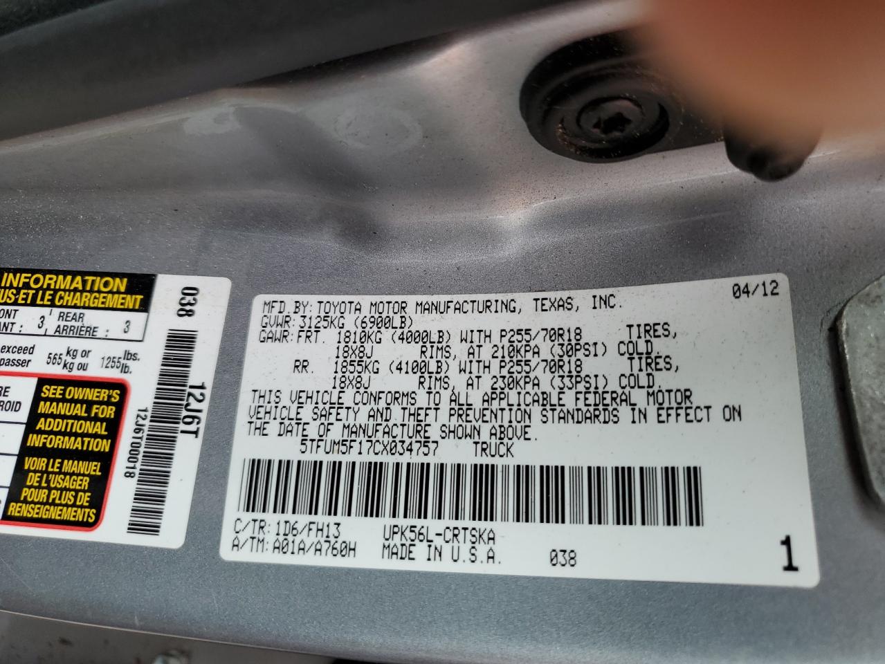 5TFUM5F17CX034757 2012 Toyota Tundra Double Cab Sr5