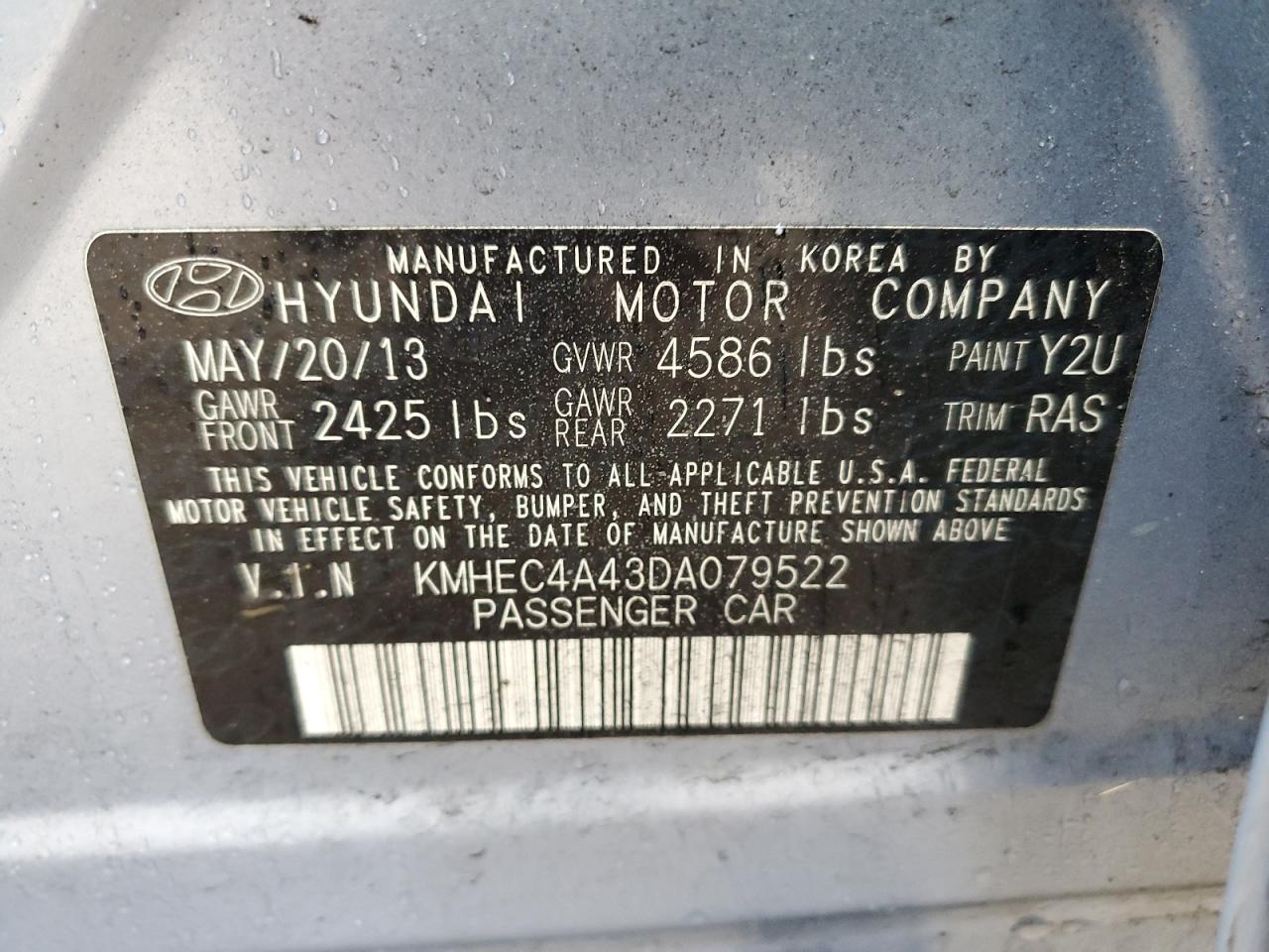 2013 Hyundai Sonata Hybrid VIN: KMHEC4A43DA079522 Lot: 74833364