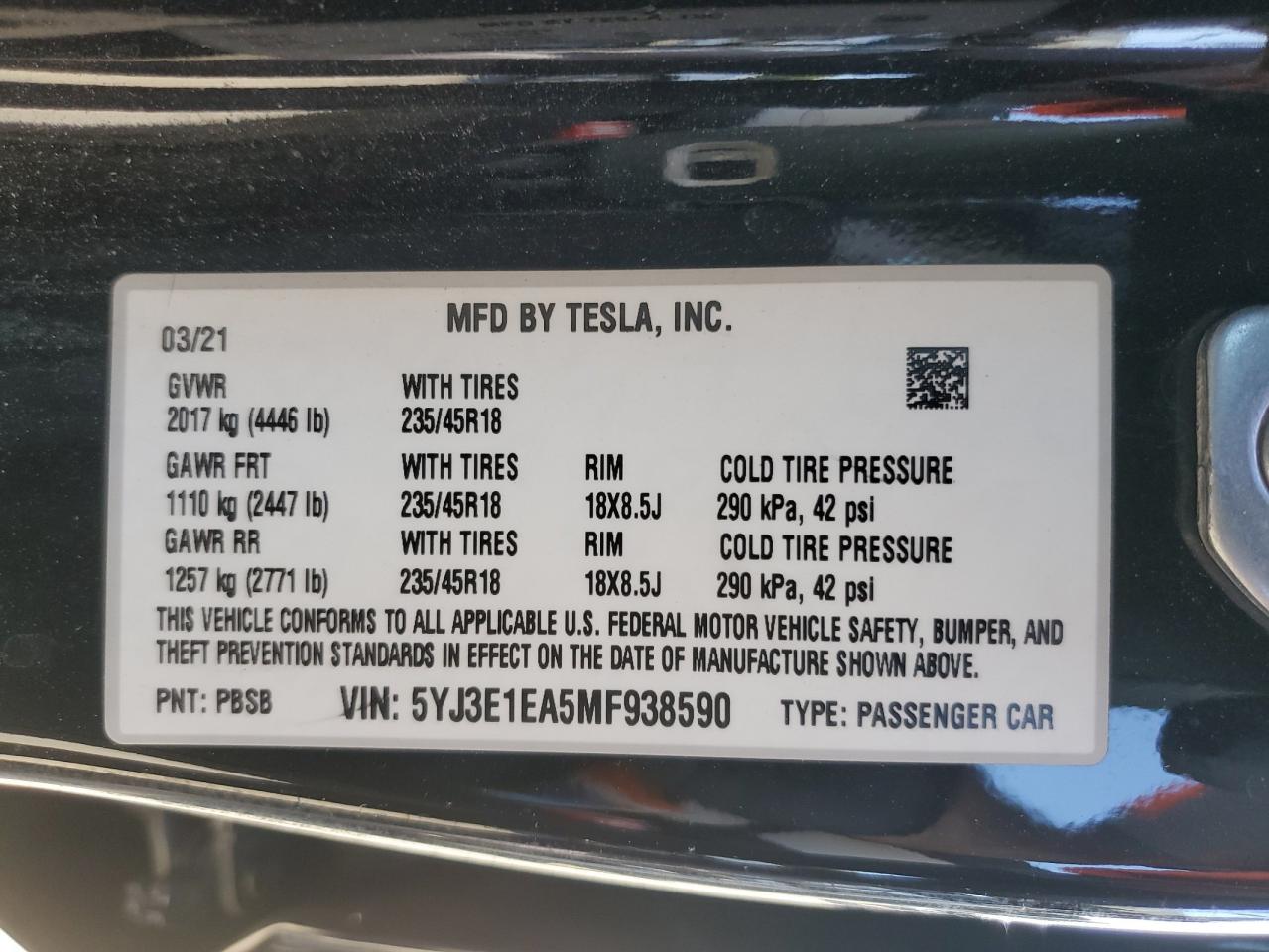 2021 Tesla Model 3 VIN: 5YJ3E1EA5MF938590 Lot: 76837074