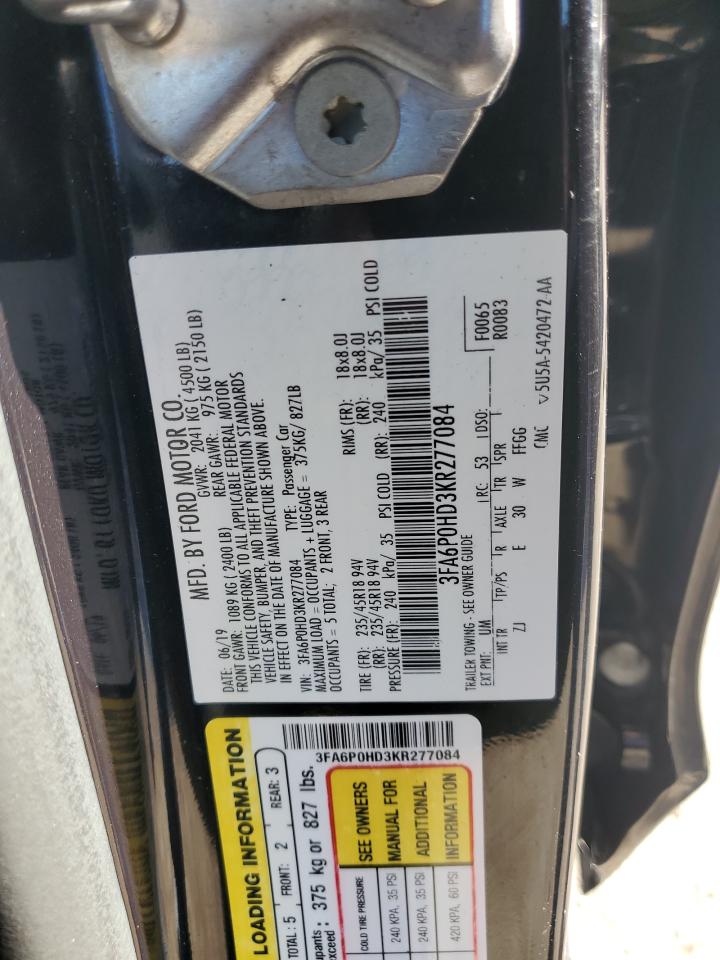 2019 Ford Fusion Se VIN: 3FA6P0HD3KR277084 Lot: 74764274