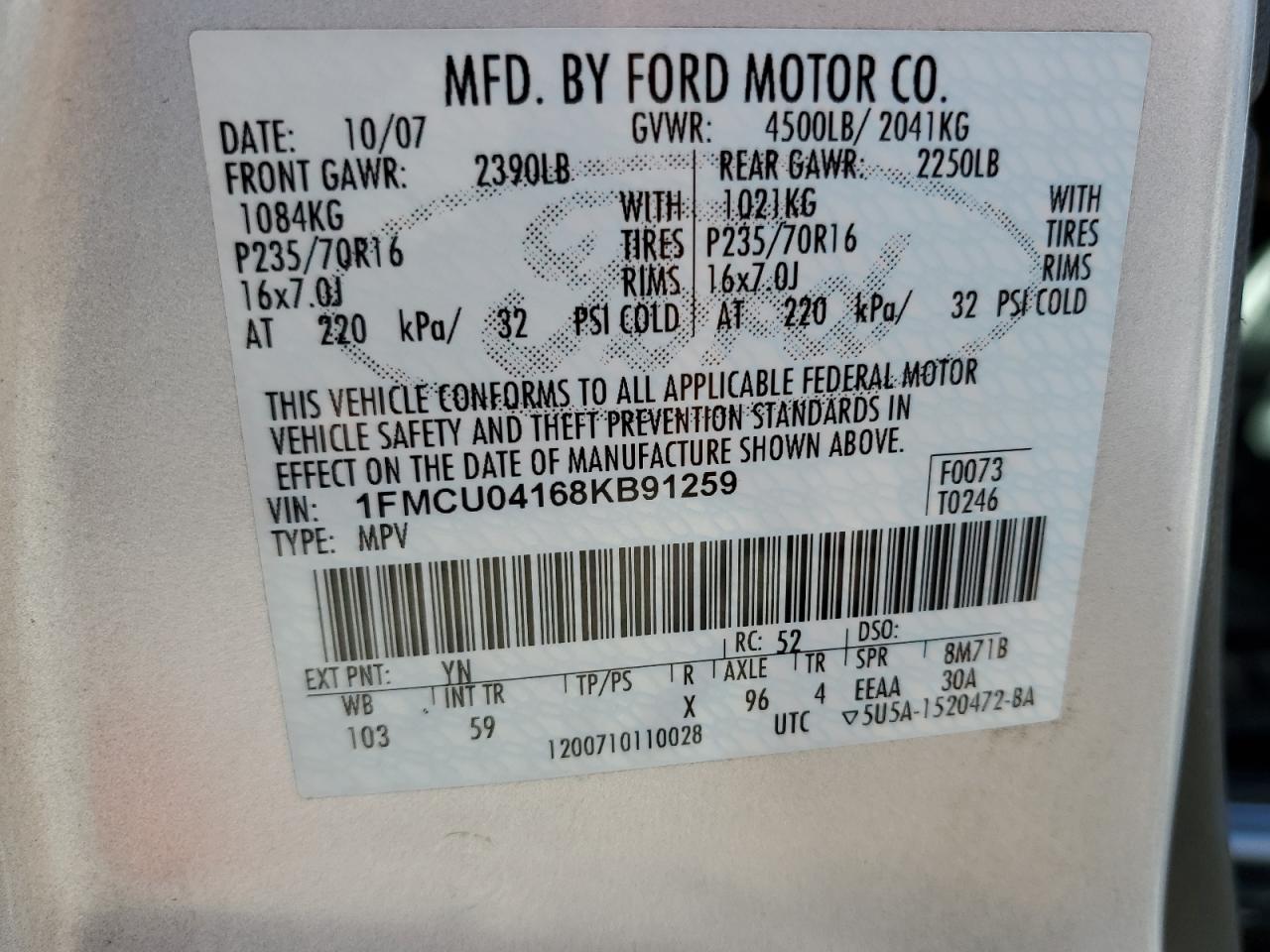 2008 Ford Escape Limited VIN: 1FMCU04168KB91259 Lot: 74065924