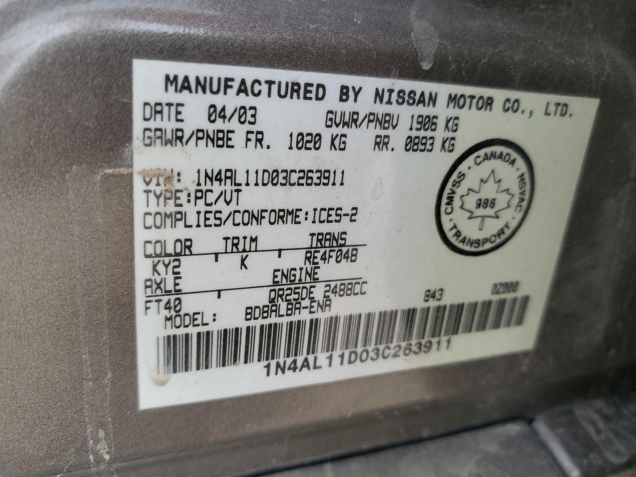 1N4AL11D03C263911 2003 Nissan Altima Base