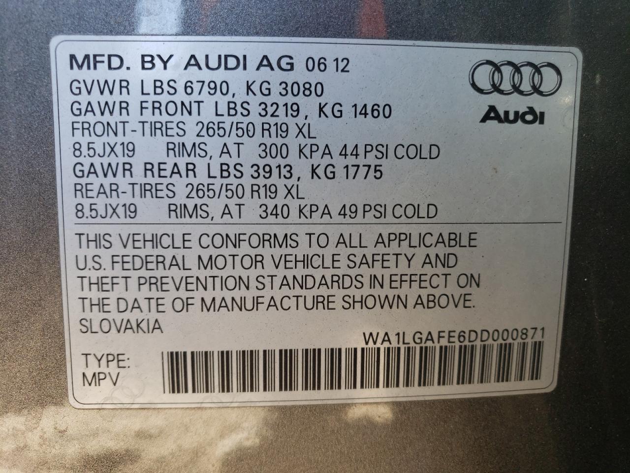 2013 Audi Q7 Premium Plus VIN: WA1LGAFE6DD000871 Lot: 77893284