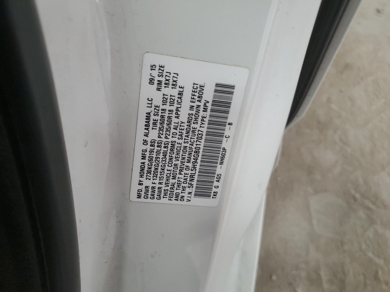 VIN 5FNRL5H94GB017037 2016 HONDA ODYSSEY no.13