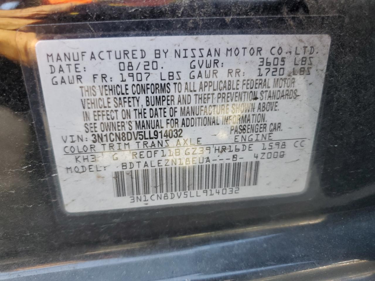 3N1CN8DV5LL914032 2020 Nissan Versa S