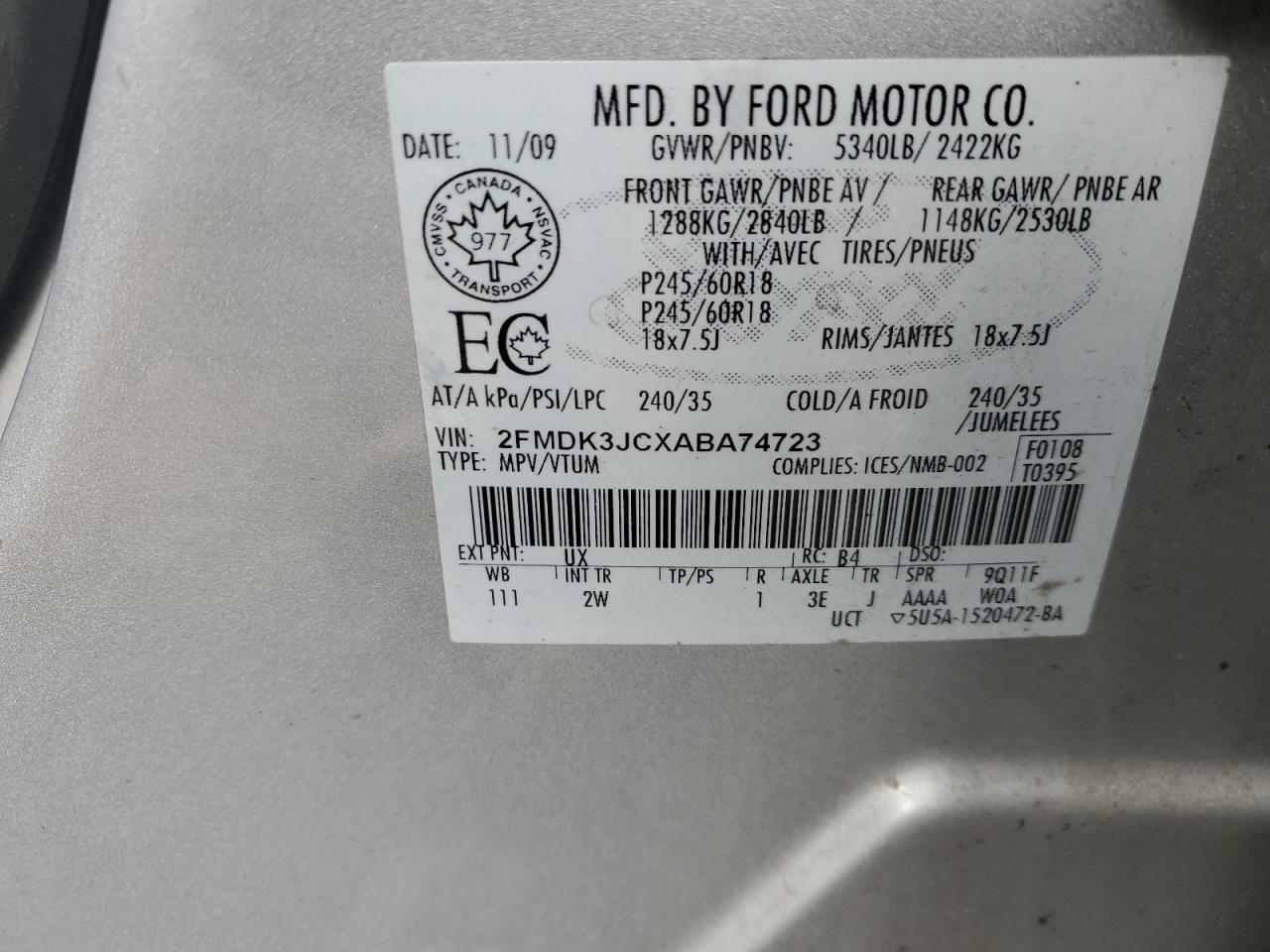 2FMDK3JCXABA74723 2010 Ford Edge Sel