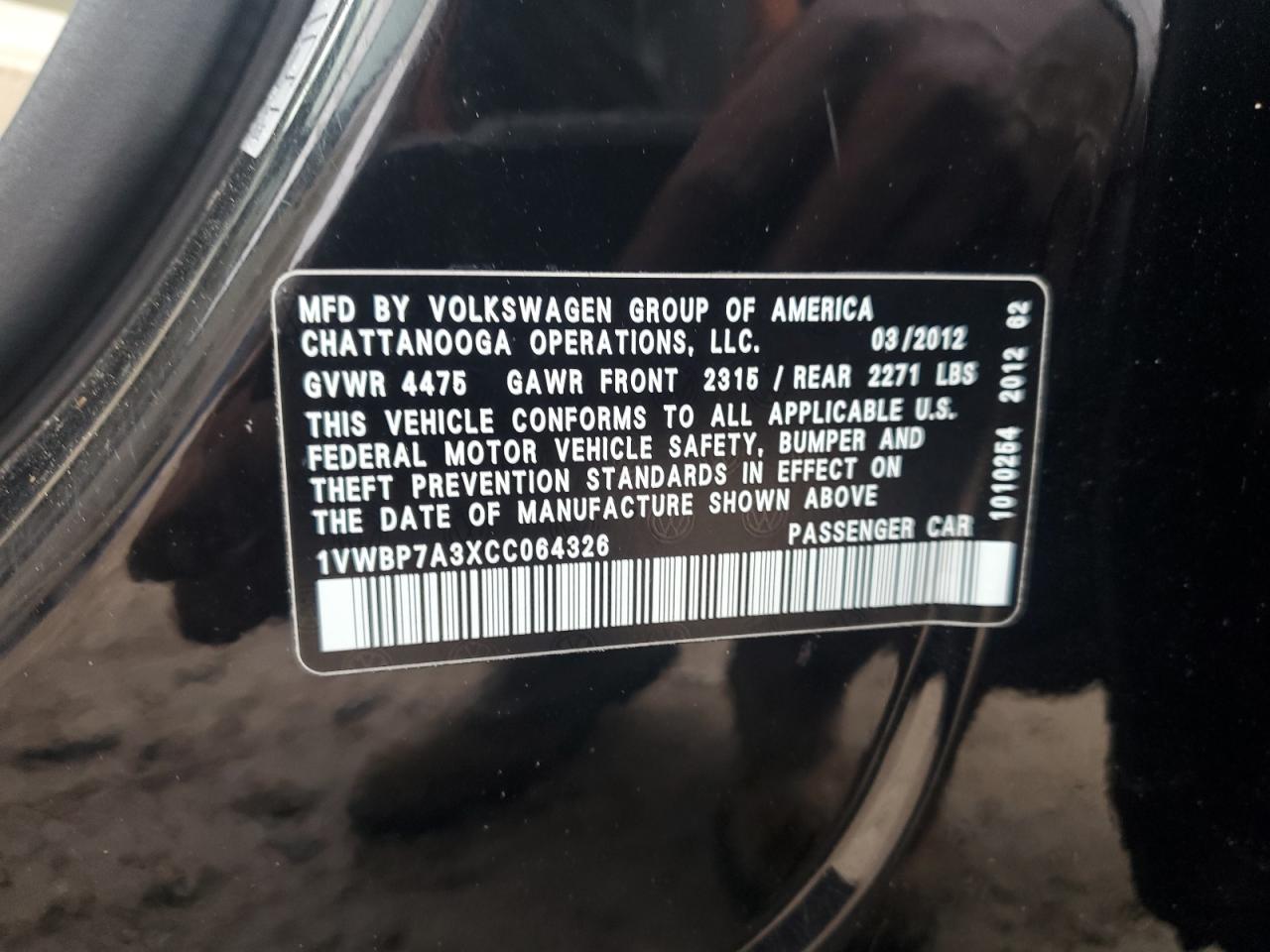 2012 Volkswagen Passat Se VIN: 1VWBP7A3XCC064326 Lot: 74249974