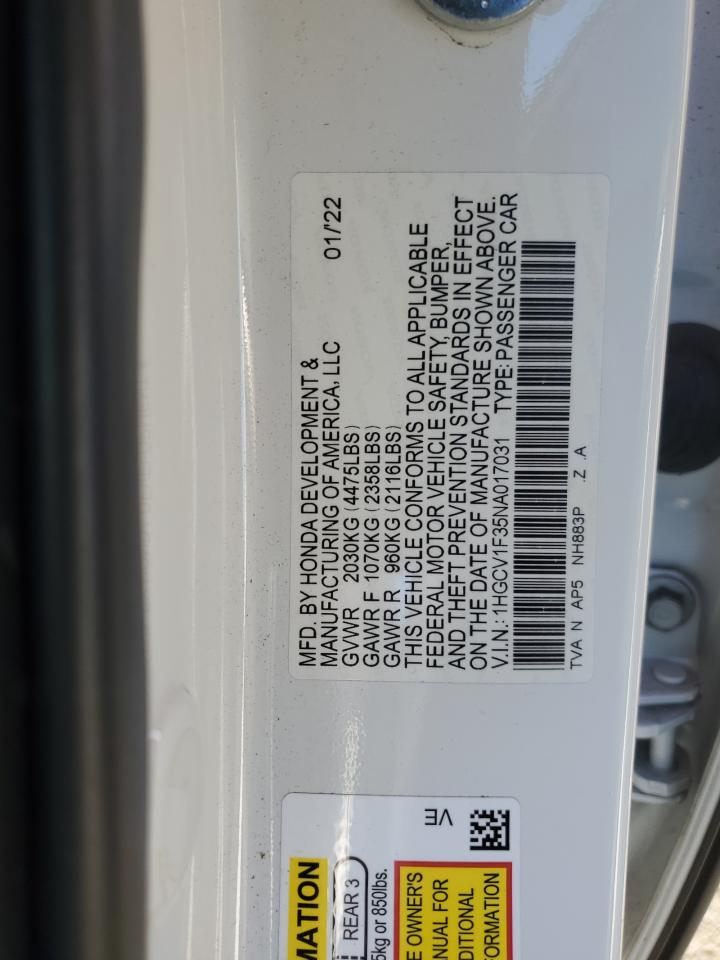 VIN 1HGCV1F35NA017031 2022 HONDA ACCORD no.12