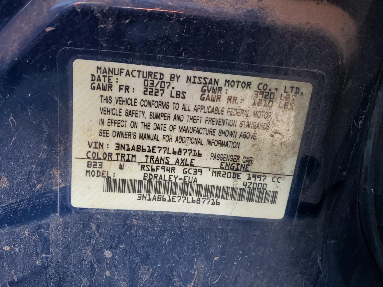 2007 Nissan Sentra 2.0 VIN: 3N1AB61E77L687716 Lot: 76389944