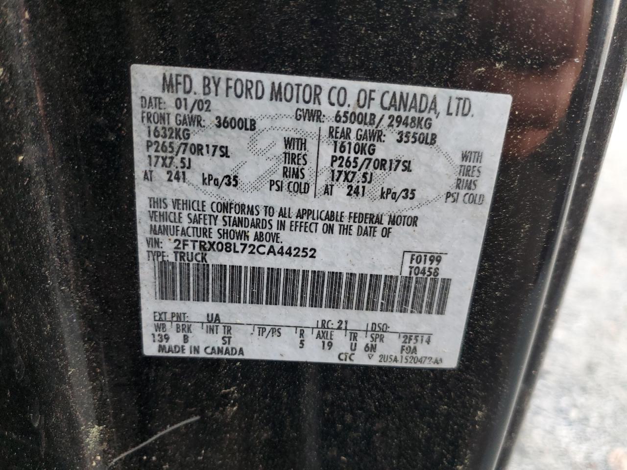 2002 Ford F150 VIN: 2FTRX08L72CA44252 Lot: 77344214