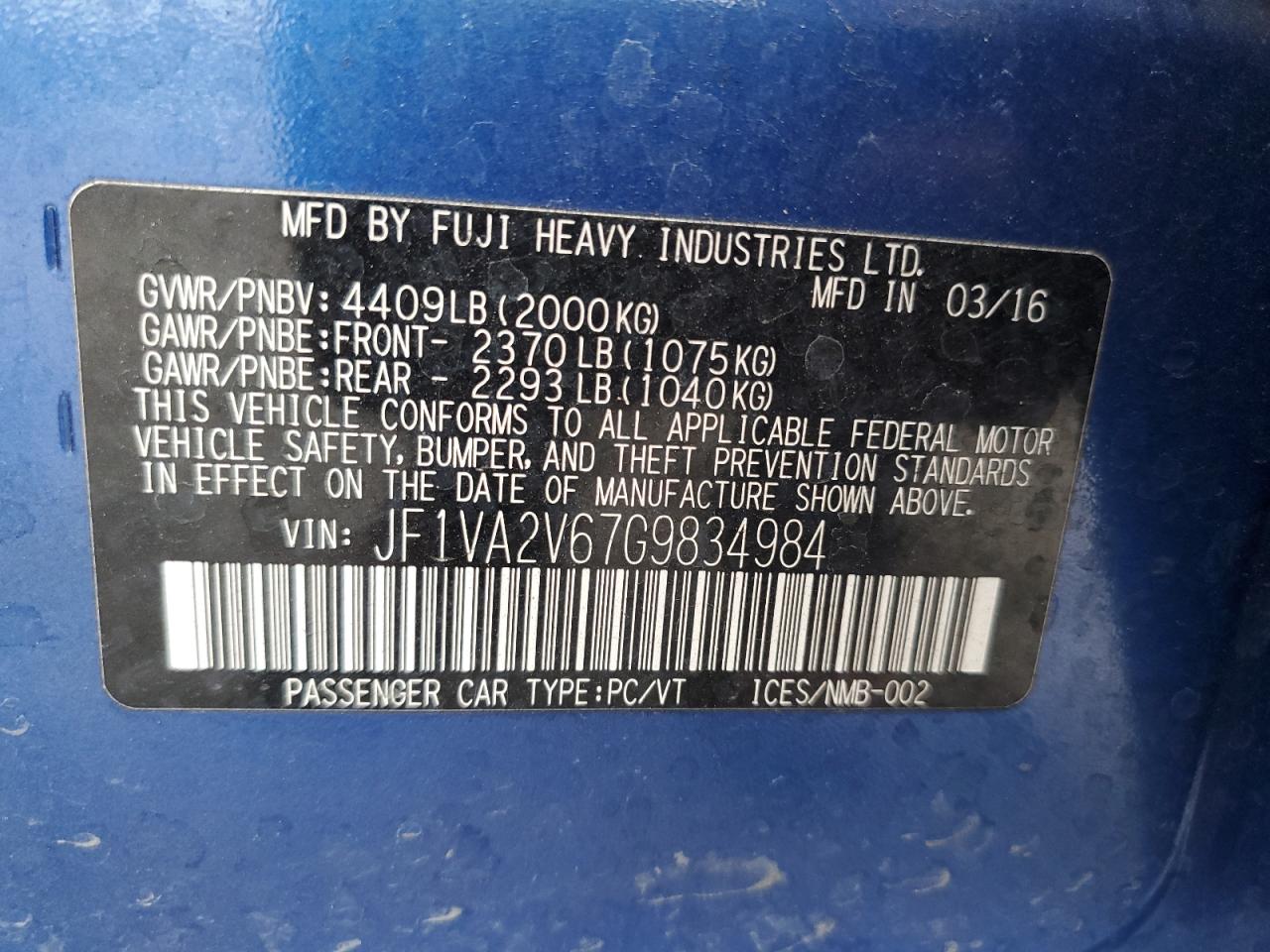 JF1VA2V67G9834984 2016 Subaru Wrx Sti