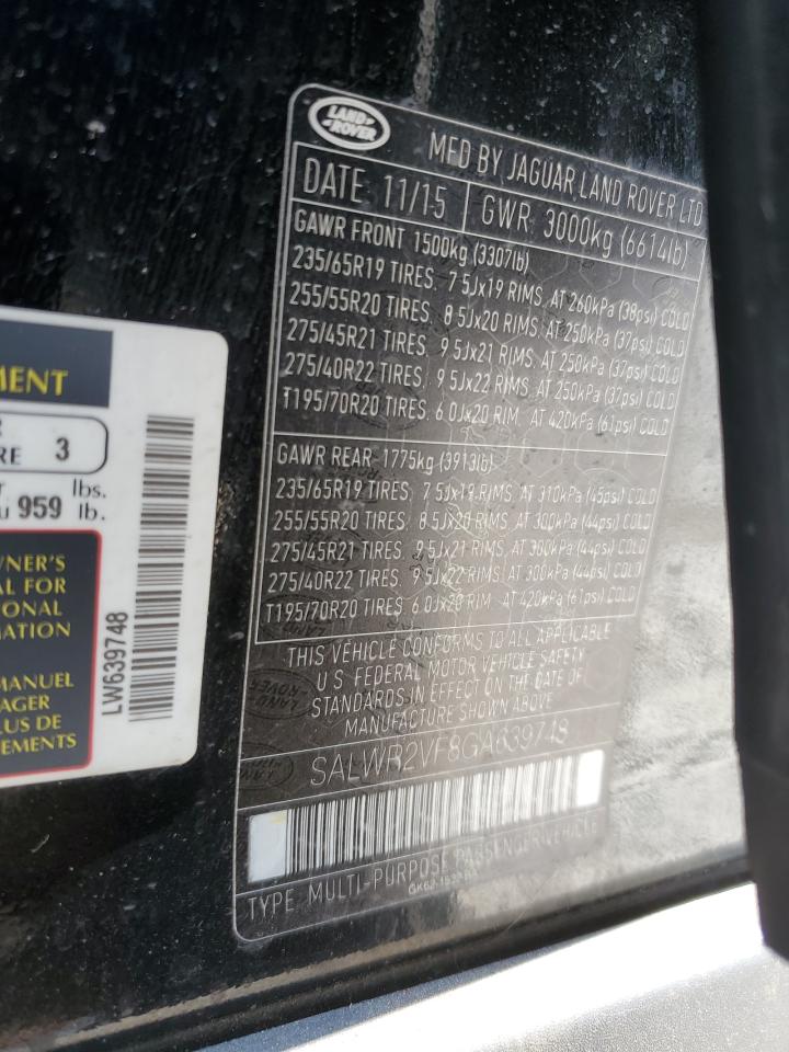 2016 Land Rover Range Rover Sport Hse VIN: SALWR2VF8GA639748 Lot: 74937384