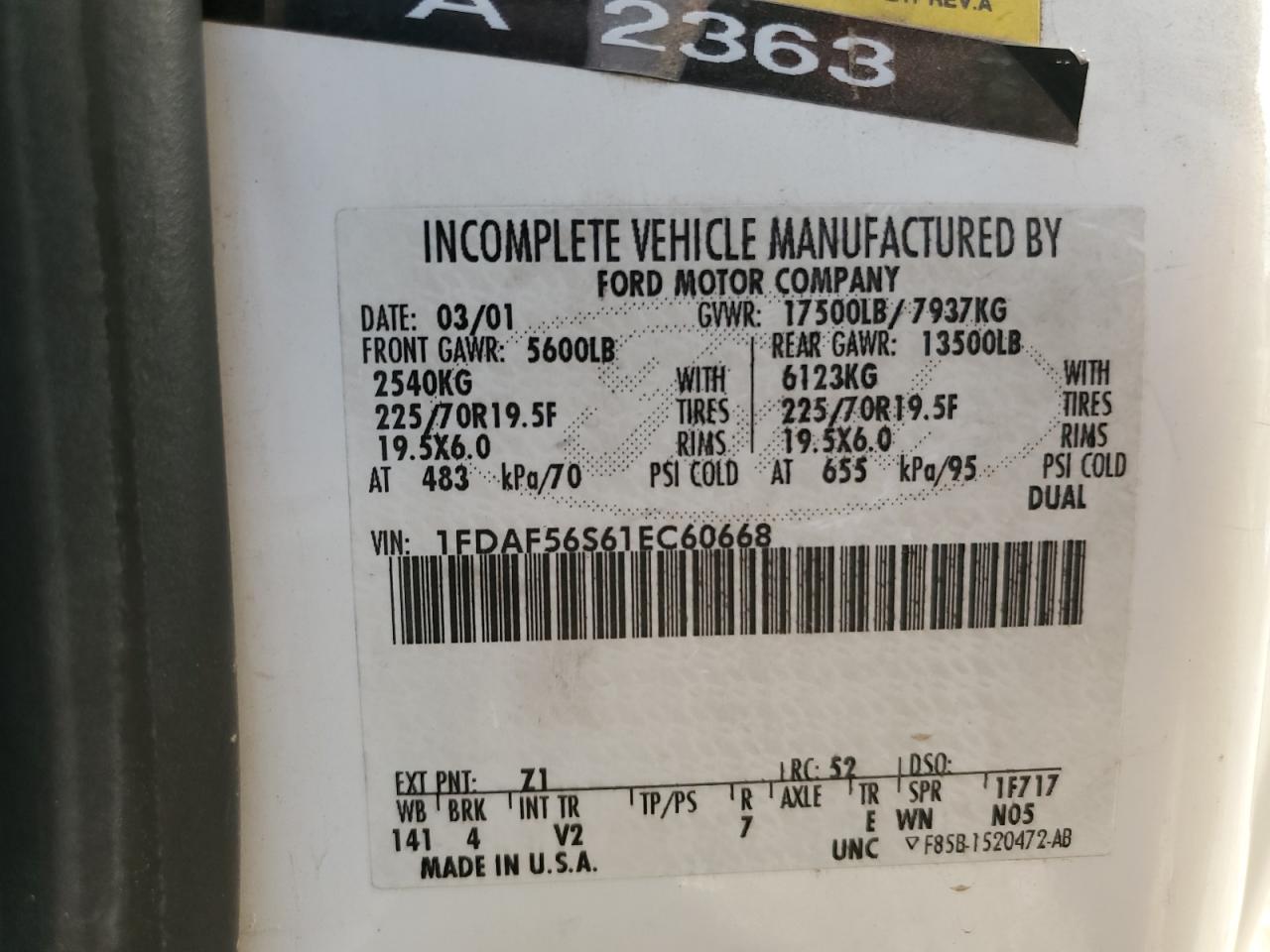 2001 Ford F550 Super Duty VIN: 1FDAF56S61EC60668 Lot: 75859844