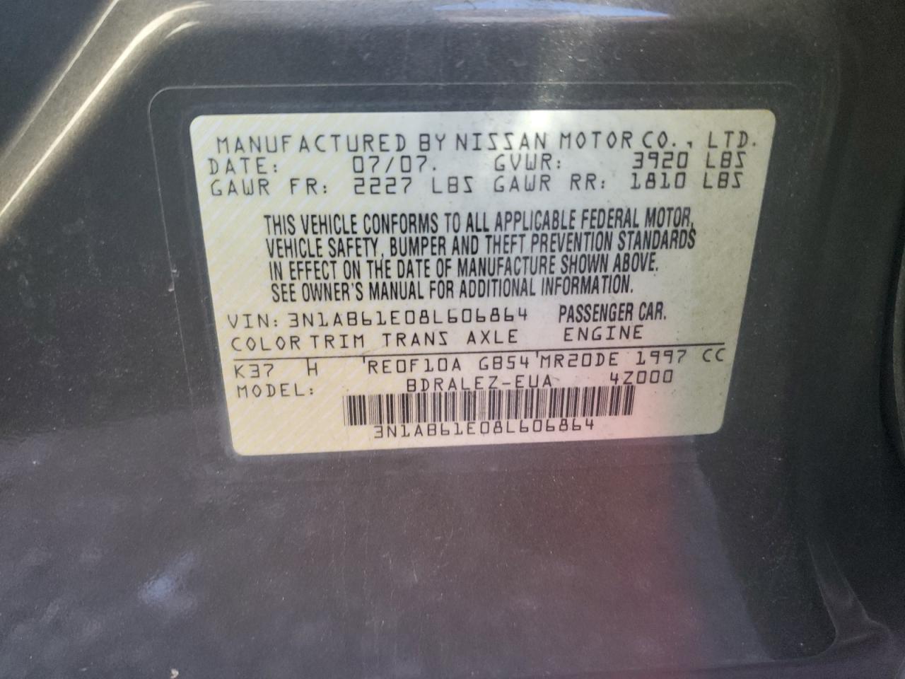 2008 Nissan Sentra 2.0 VIN: 3N1AB61E08L606864 Lot: 76500054