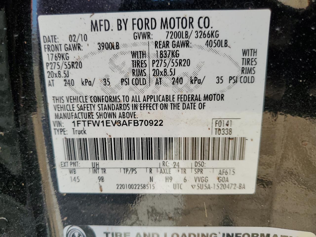 2010 Ford F150 Supercrew VIN: 1FTFW1EV3AFB70922 Lot: 74409944