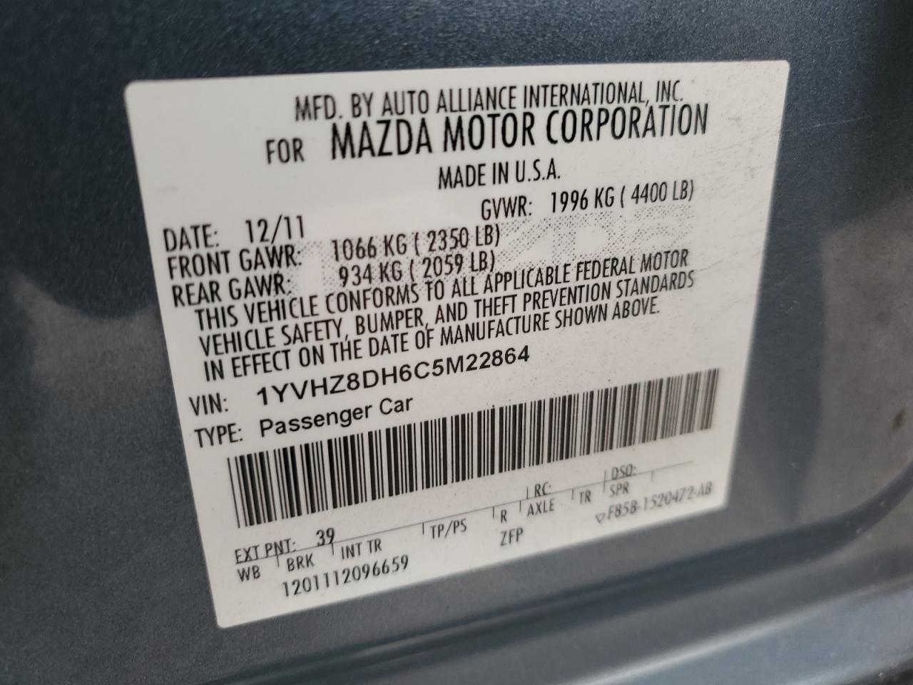 2012 Mazda 6 I VIN: 1YVHZ8DH6C5M22864 Lot: 78854474