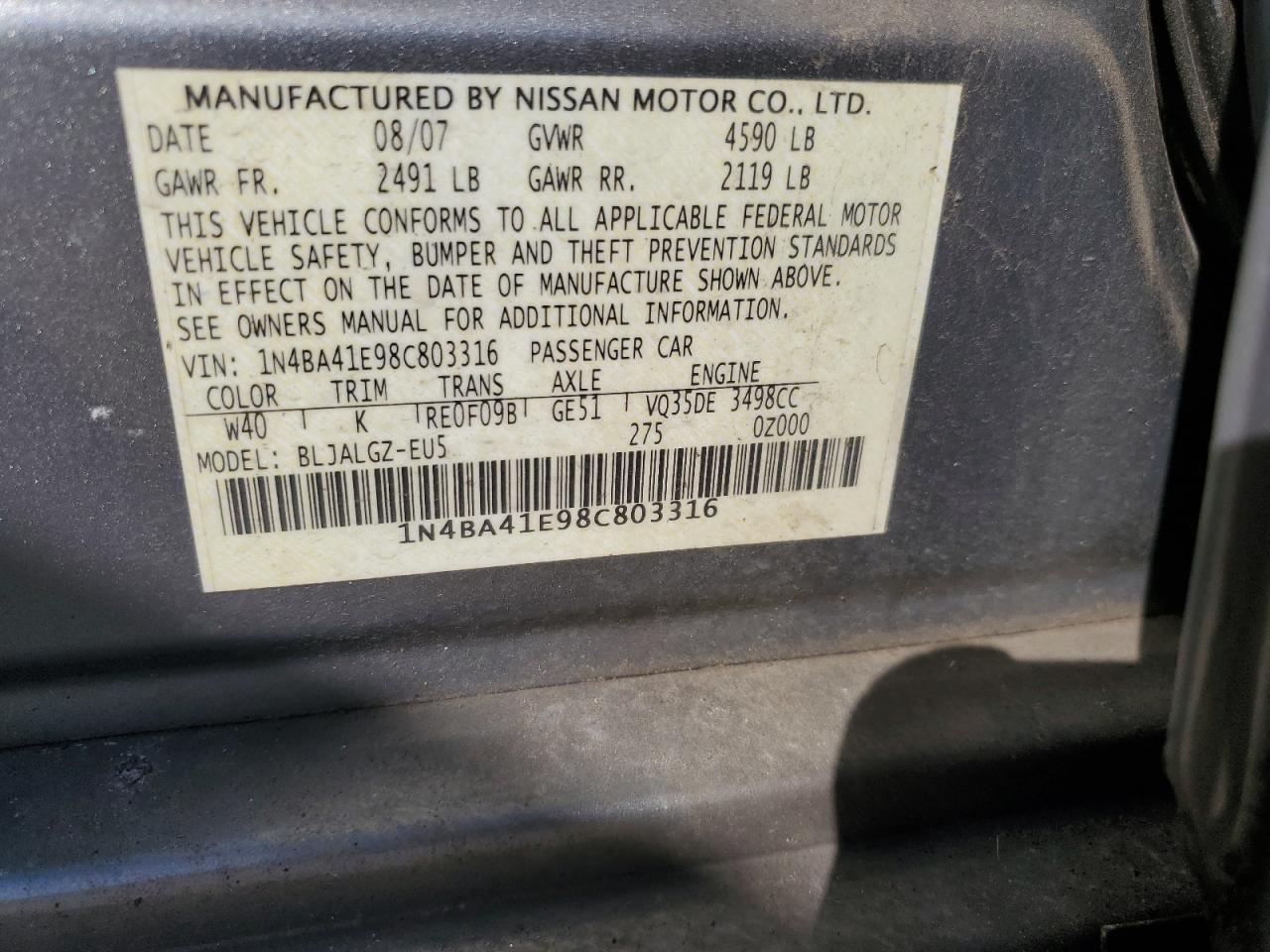 1N4BA41E98C803316 2008 Nissan Maxima Se