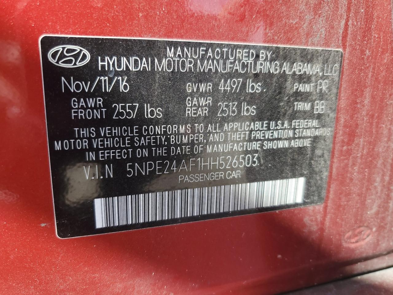 VIN 5NPE24AF1HH526503 2017 HYUNDAI SONATA no.12