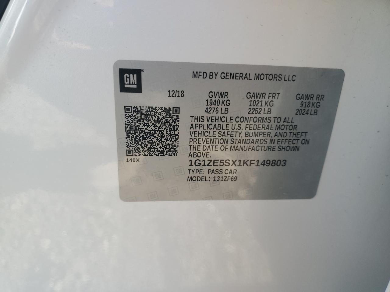 1G1ZE5SX1KF149803 2019 Chevrolet Malibu Premier