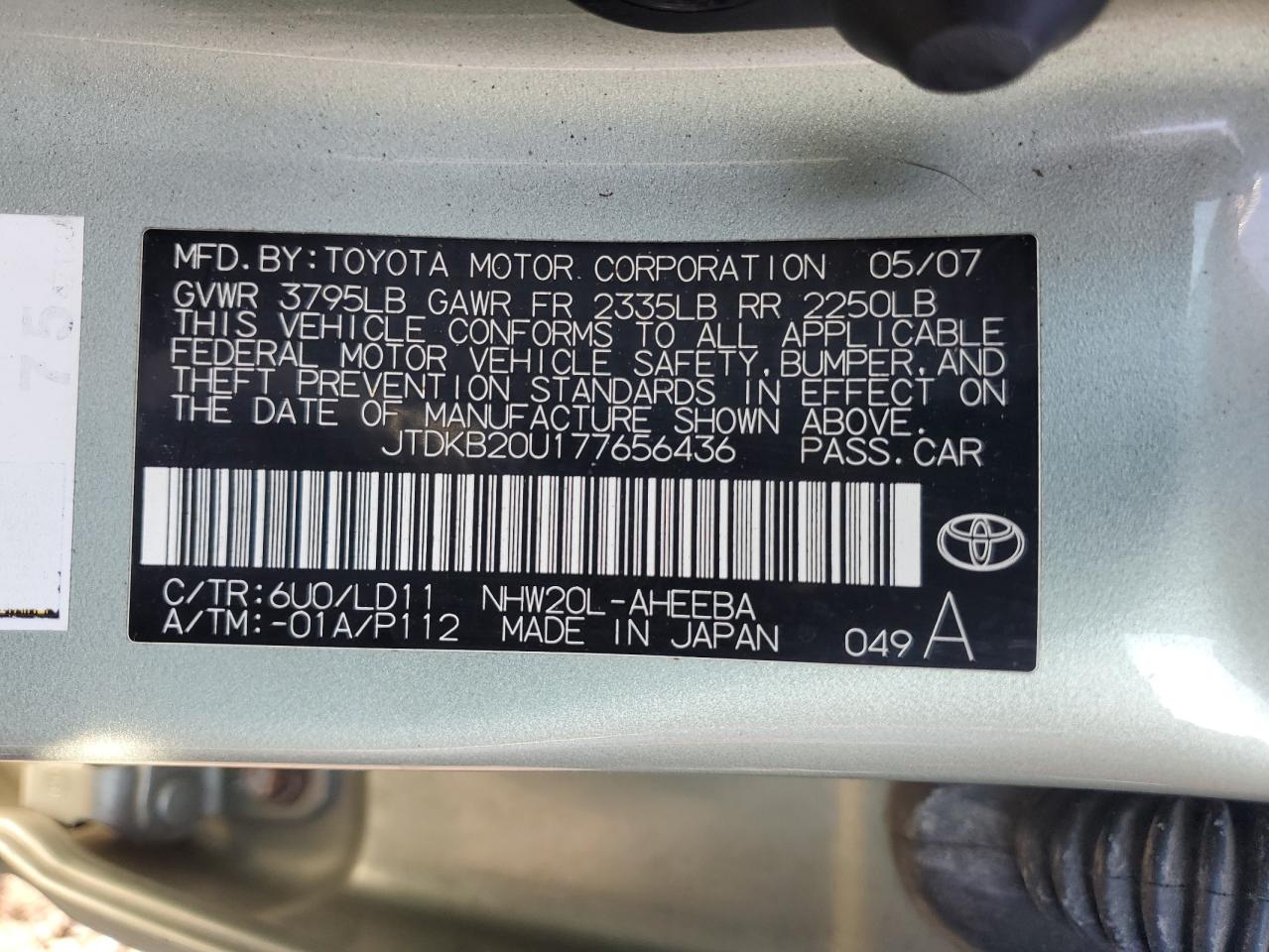 JTDKB20U177656436 2007 Toyota Prius