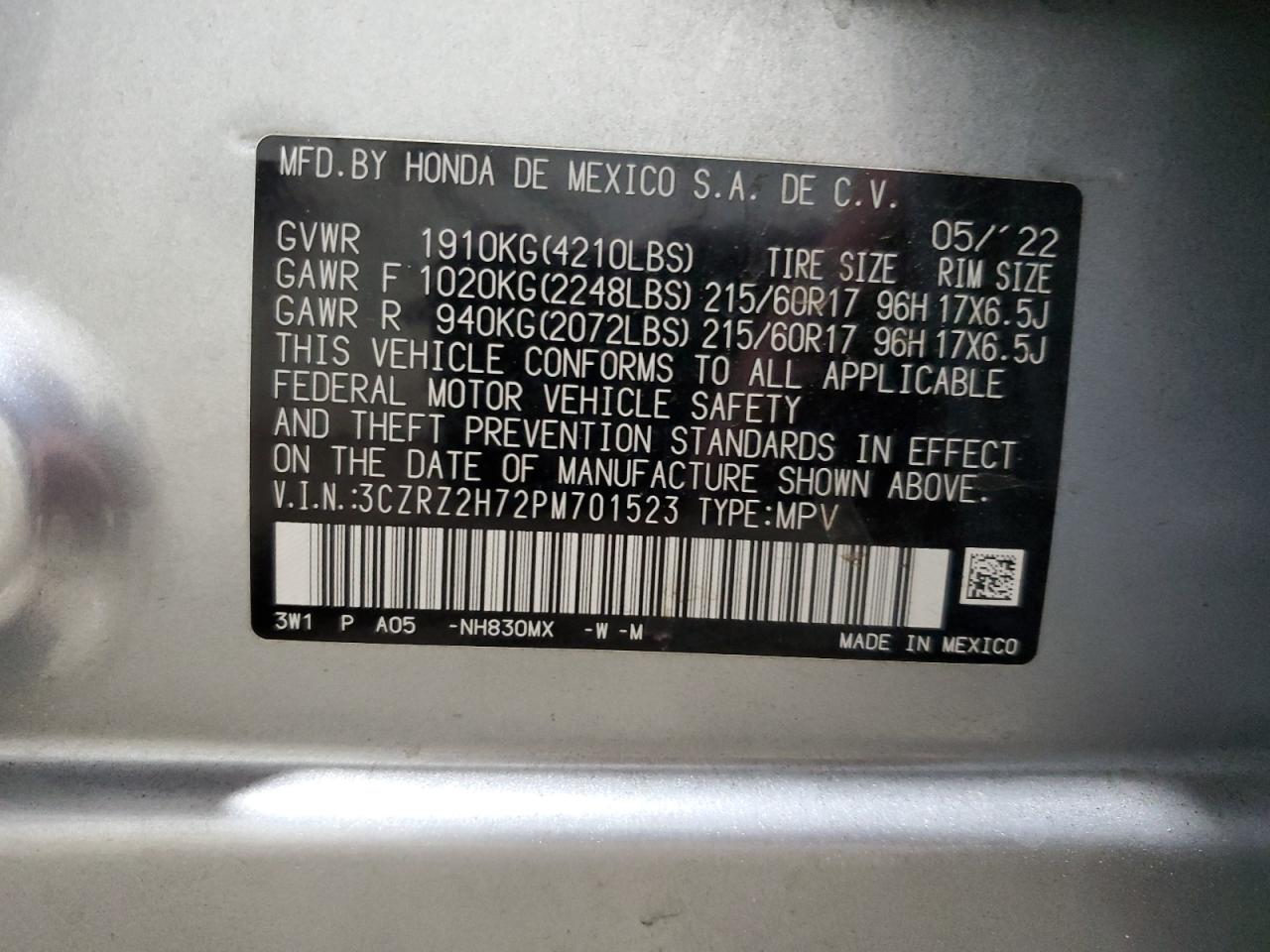 2023 Honda Hr-V Exl VIN: 3CZRZ2H72PM701523 Lot: 76696804