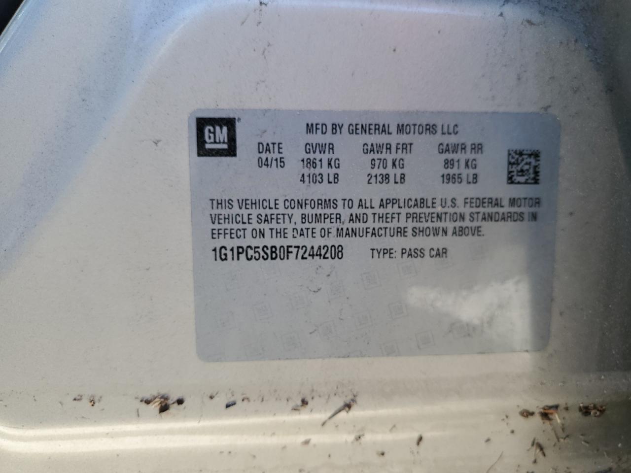 2015 Chevrolet Cruze Lt VIN: 1G1PC5SB0F7244208 Lot: 75365914