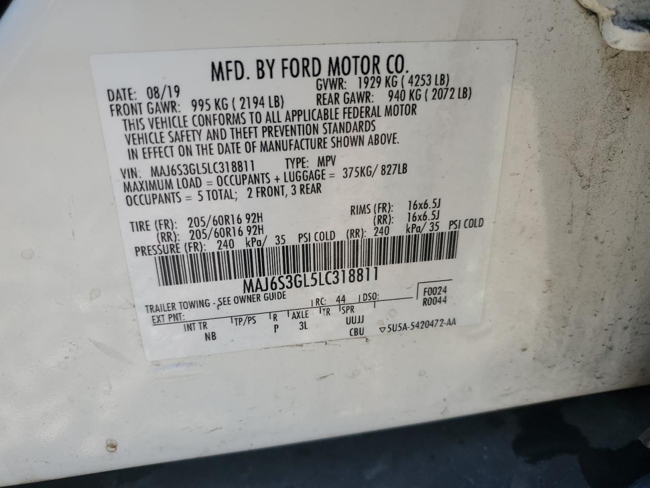 MAJ6S3GL5LC318811 2020 Ford Ecosport Se