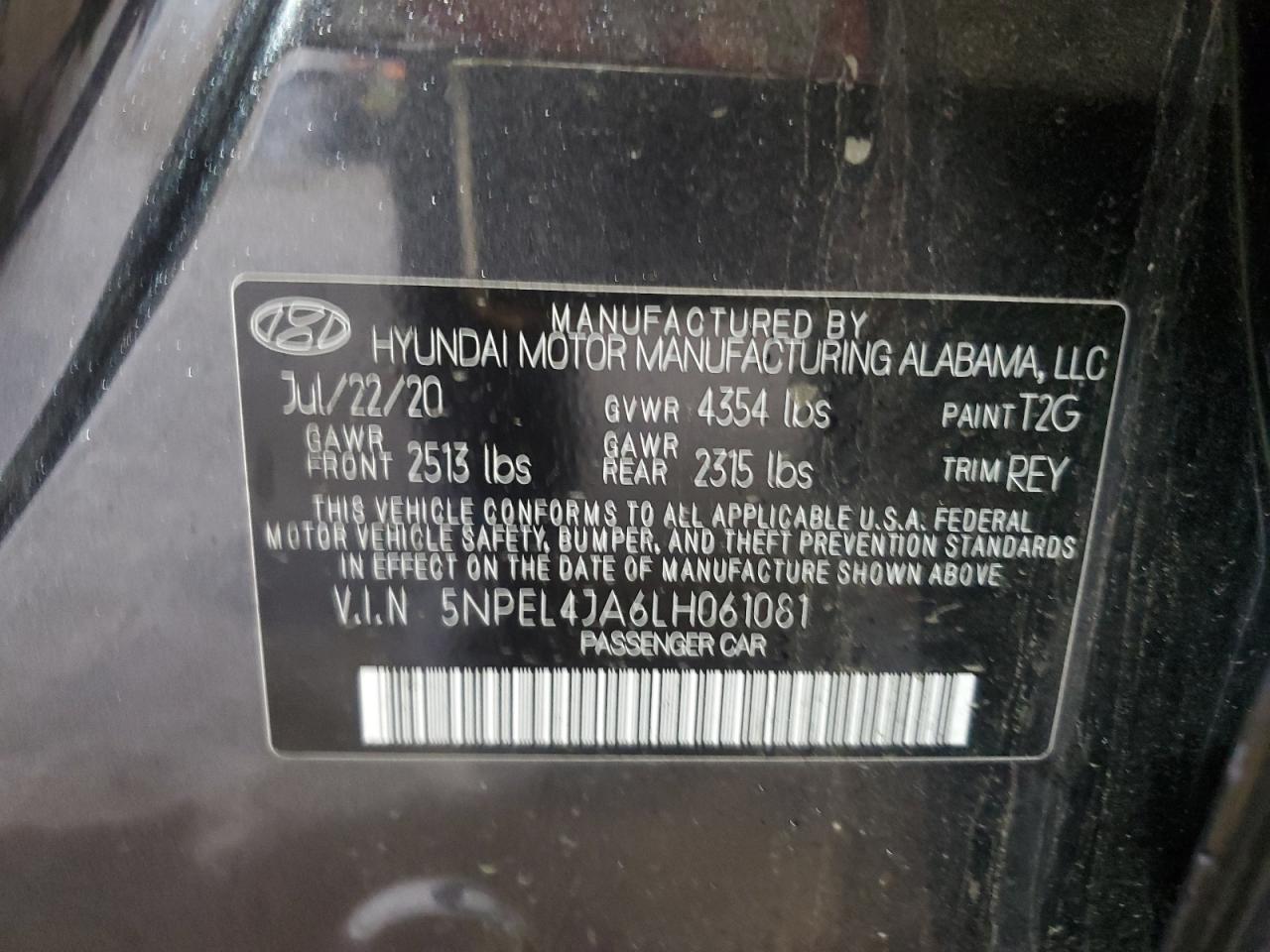 2020 Hyundai Sonata Sel VIN: 5NPEL4JA6LH061081 Lot: 73253554