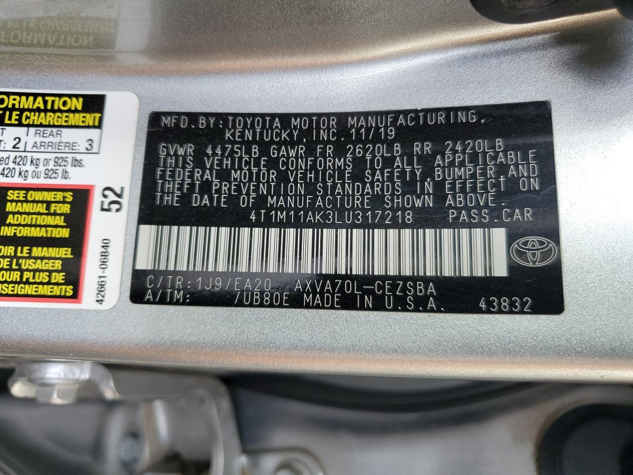 VIN 4T1M11AK3LU317218 2020 TOYOTA CAMRY no.12