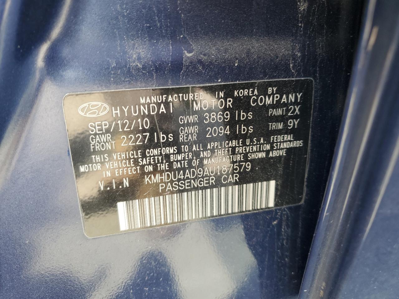 2010 Hyundai Elantra Blue VIN: KMHDU4AD9AU187579 Lot: 74170374